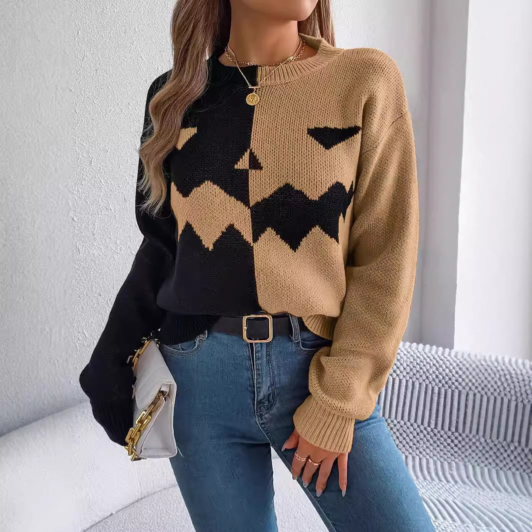 Halloween Contrast-color Long Sleeve Knitted Sweater