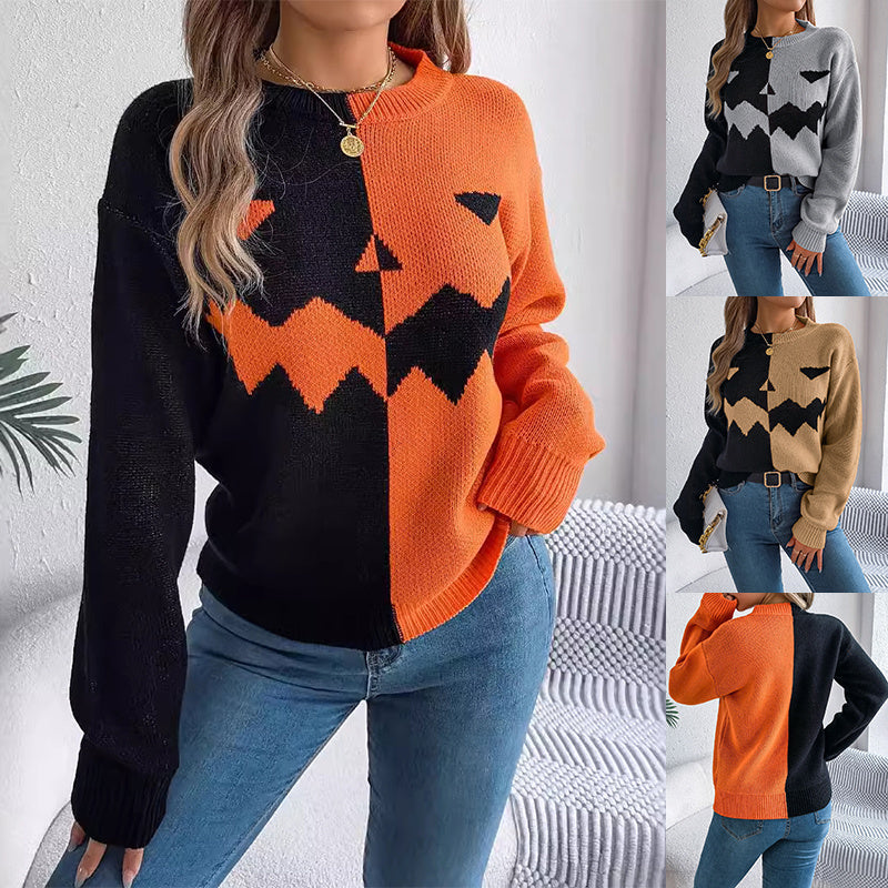 Halloween Contrast-color Long Sleeve Knitted Sweater