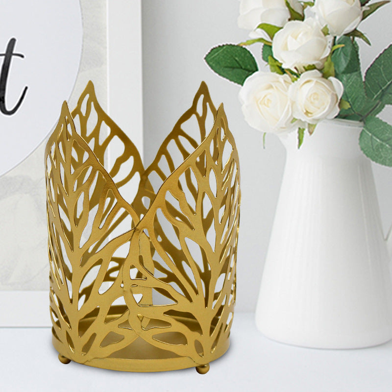 Decorative Iron Gold Hollow Leaf Candle Holder