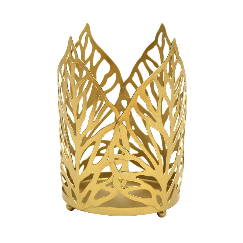 Decorative Iron Gold Hollow Leaf Candle Holder