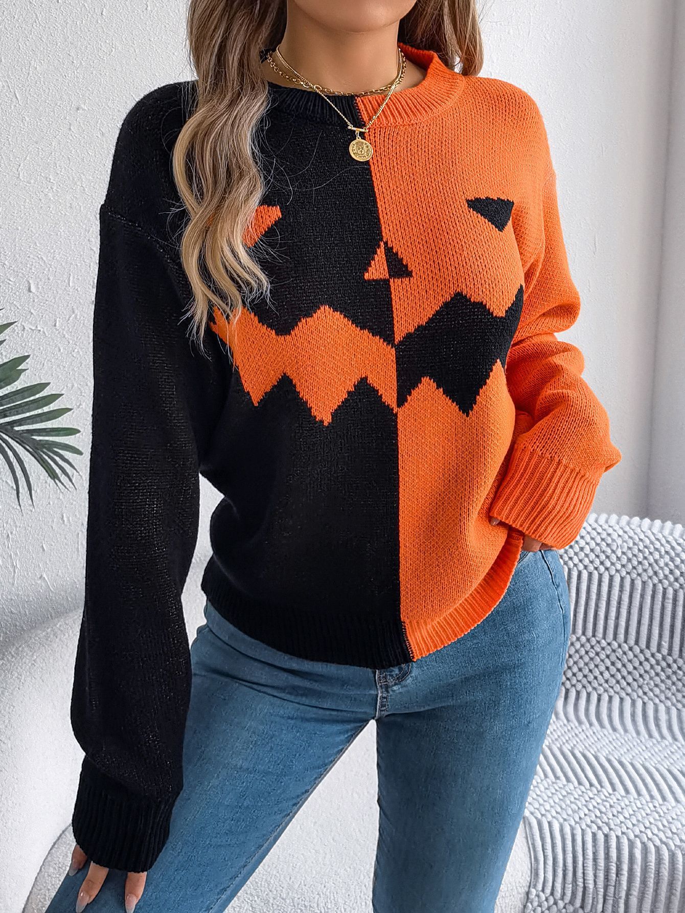 Halloween Contrast-color Long Sleeve Knitted Sweater