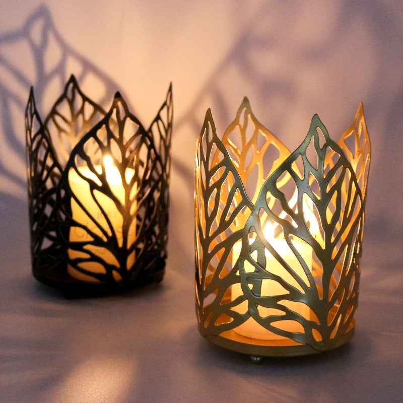 Decorative Iron Gold Hollow Leaf Candle Holder