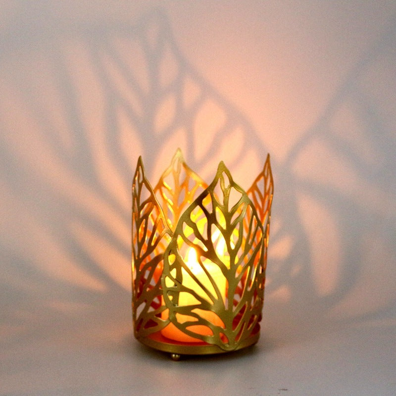 Decorative Iron Gold Hollow Leaf Candle Holder