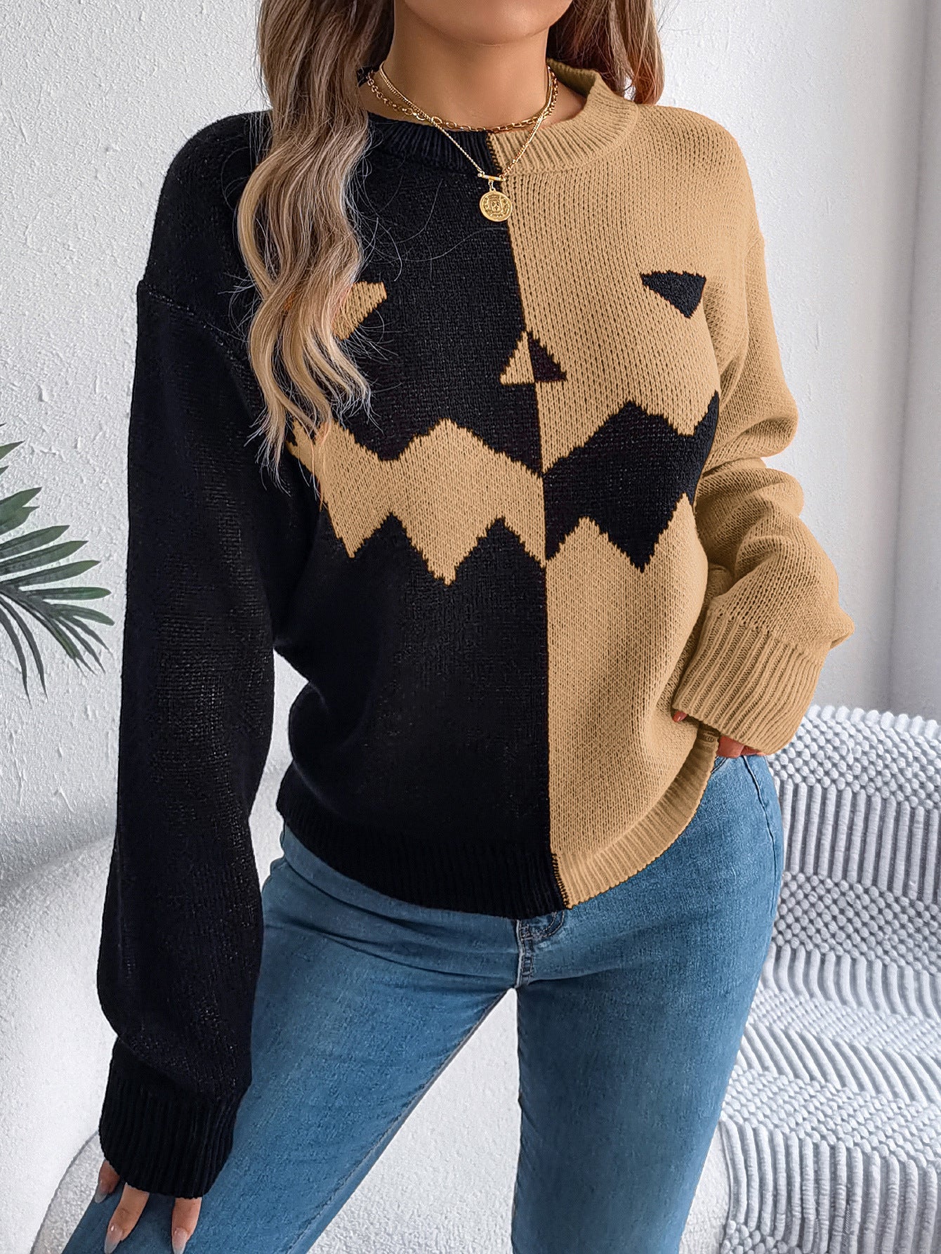 Halloween Contrast-color Long Sleeve Knitted Sweater