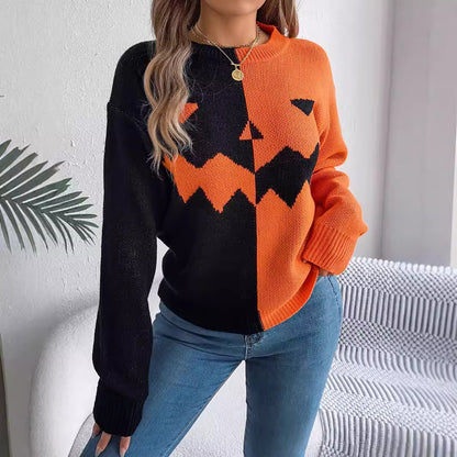 Halloween Contrast-color Long Sleeve Knitted Sweater